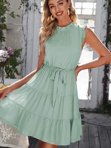 Acelitt Vestido con cinturón ribete fruncido bajo con fruncido - verde menta - Ver 3