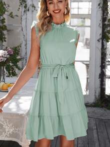 Acelitt Vestido con cinturón ribete fruncido bajo con fruncido - verde menta - Ver 6