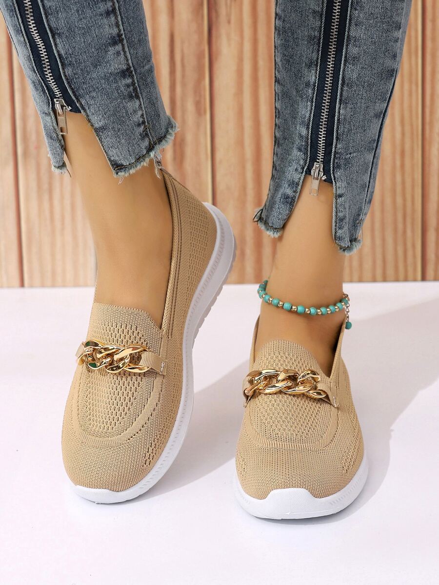 鏈條裝飾一腳蹬鞋 - 卡其色 - 查看 1