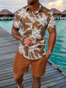 Manfinity RSRT Men Tropical Print Shirt & Drawstring Waist Shorts - Coffee Brown - View 1