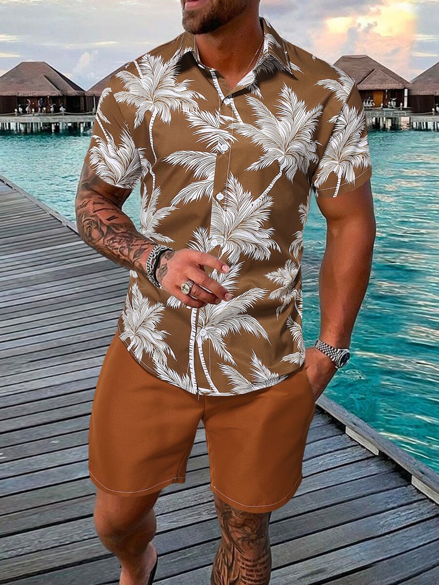 Manfinity RSRT Men Tropical Print Shirt & Drawstring Waist Shorts - Coffee Brown - View 1