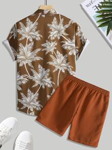 Manfinity RSRT Men Tropical Print Shirt & Drawstring Waist Shorts - Coffee Brown - View 2