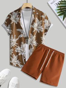 Manfinity RSRT Men Tropical Print Shirt & Drawstring Waist Shorts - Coffee Brown - View 3