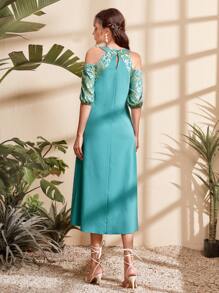 Mulvari Cold Shoulder Floral Print Cold Shoulder Dress - Mint Blue - View 2