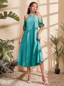 Mulvari Cold Shoulder Floral Print Cold Shoulder Dress - Mint Blue - View 3