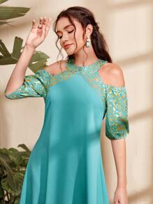 Mulvari Cold Shoulder Floral Print Cold Shoulder Dress - Mint Blue - View 4