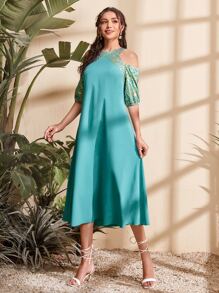Mulvari Cold Shoulder Floral Print Cold Shoulder Dress - Mint Blue - View 5