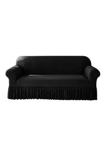 1pc Black Sofa Slipcover, Polyester Ruffle Trim Stretch Sofa Slipcover For Sofa, All Season - Black - View 1