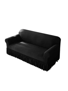 1pc Black Sofa Slipcover, Polyester Ruffle Trim Stretch Sofa Slipcover For Sofa, All Season - Black - View 2