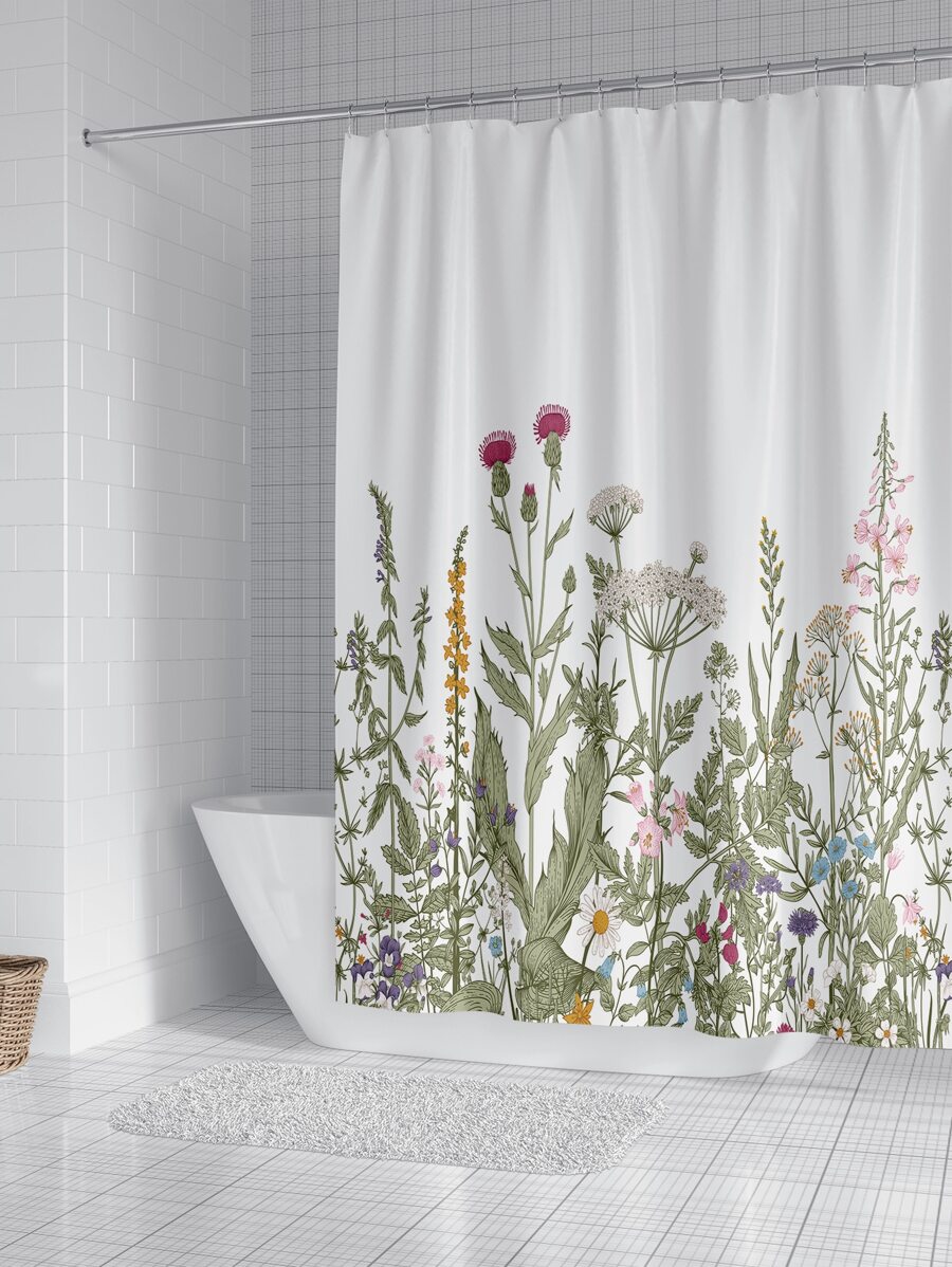1pc Floral Pattern Shower Curtain, Modern Polyester Waterproof Shower Curtain For Bathroom - Multicolor - View 1