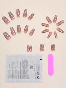 提升你風格帶24入組短棺材金屬亮絲星星愛心圖案假指甲和1入組指甲銼和1張膠帶 - 彩色 - 查看 2