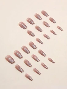 提升你風格帶24入組短棺材金屬亮絲星星愛心圖案假指甲和1入組指甲銼和1張膠帶 - 彩色 - 查看 5