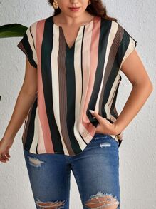 SHEIN LUNE 大碼條紋圖案缺口領蝙蝠袖襯衫 - 彩色 - 查看 3