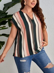 SHEIN LUNE 大碼條紋圖案缺口領蝙蝠袖襯衫 - 彩色 - 查看 5