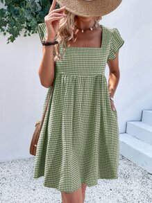 SHEIN VCAY 雙色格子方領荷葉邊娃娃裙 - 綠色 - 查看 1