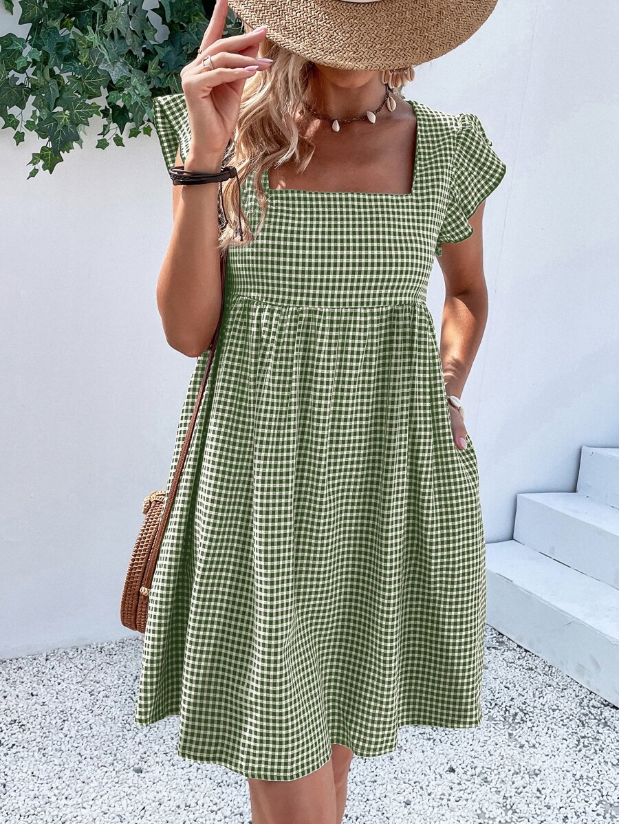 SHEIN VCAY 雙色格子方領荷葉邊娃娃裙 - 綠色 - 查看 1