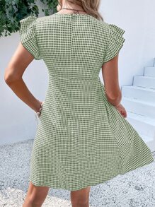 SHEIN VCAY 雙色格子方領荷葉邊娃娃裙 - 綠色 - 查看 2