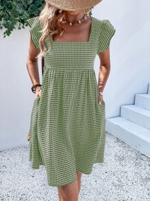 SHEIN VCAY 雙色格子方領荷葉邊娃娃裙 - 綠色 - 查看 3