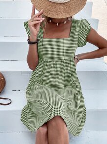 SHEIN VCAY 雙色格子方領荷葉邊娃娃裙 - 綠色 - 查看 4