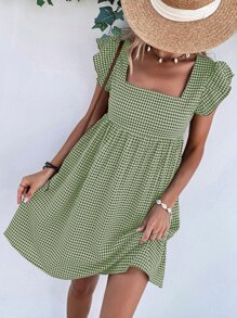 SHEIN VCAY 雙色格子方領荷葉邊娃娃裙 - 綠色 - 查看 5