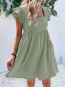 SHEIN VCAY 雙色格子方領荷葉邊娃娃裙 - 綠色 - 查看 6