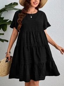SHEIN VCAY Đầm Plus Size Xù Viên lá sen màu trơn Dễ thương - màu đen - Xem 1