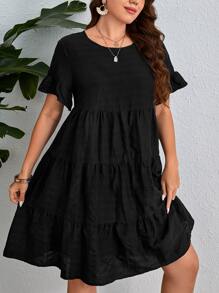 SHEIN VCAY Đầm Plus Size Xù Viên lá sen màu trơn Dễ thương - màu đen - Xem 3