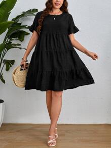 SHEIN VCAY Đầm Plus Size Xù Viên lá sen màu trơn Dễ thương - màu đen - Xem 4