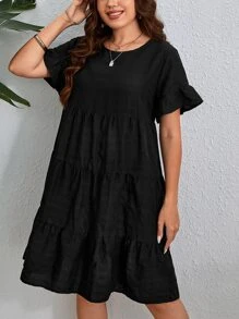 SHEIN VCAY Đầm Plus Size Xù Viên lá sen màu trơn Dễ thương - màu đen - Xem 5