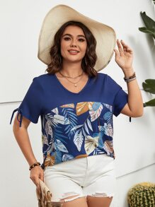 SHEIN LUNE Camiseta con estampado tropical amarre en manga - Azul Marino - Ver 3