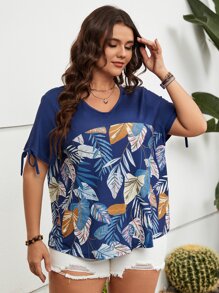 SHEIN LUNE Camiseta con estampado tropical amarre en manga - Azul Marino - Ver 4