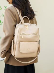 Mochila clásica con cremallera impermeable y ligera con bolsillo delantero a la moda - Albaricoque - Ver 2