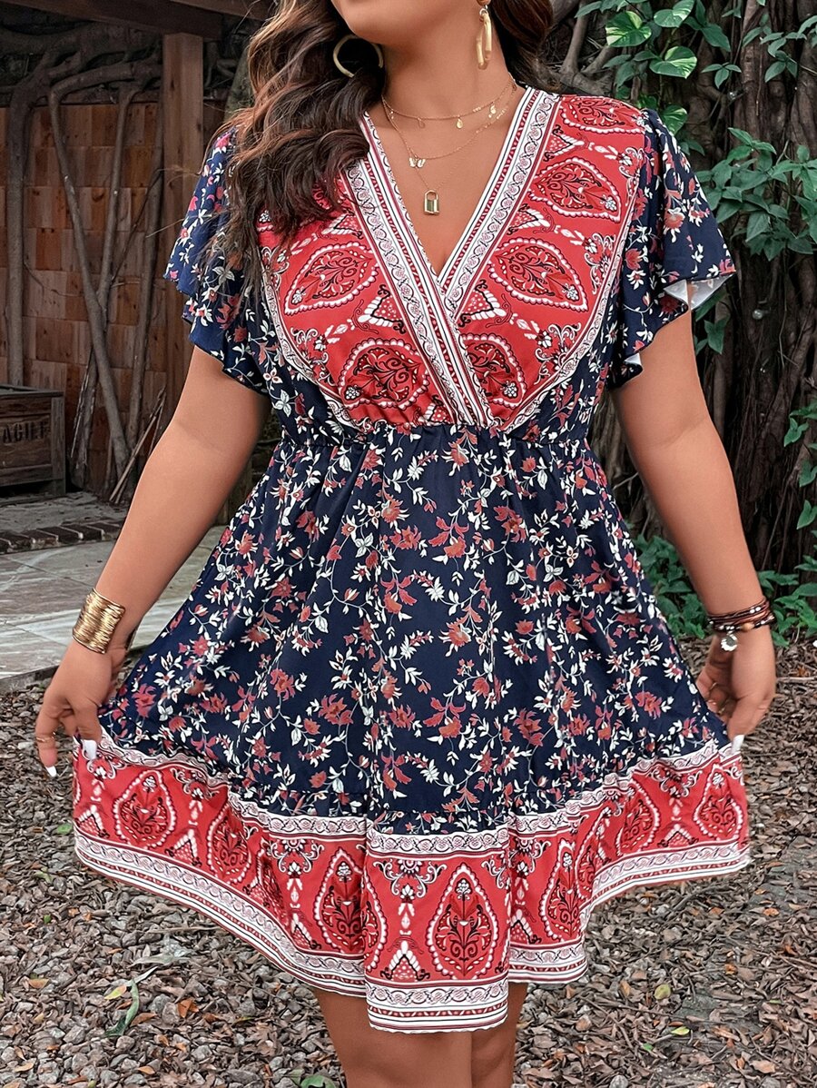 Mulvari 大碼佩斯利印花蝴蝶袖荷葉邊連衣裙 - 彩色 - 查看 1