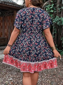 Mulvari 大碼佩斯利印花蝴蝶袖荷葉邊連衣裙 - 彩色 - 查看 2