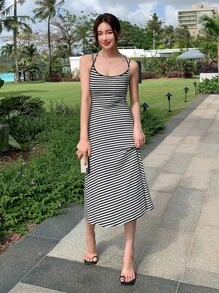 DAZY Striped Criss Cross Backless Cami Dress - Black and White - View 3