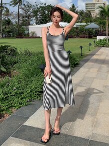 DAZY Striped Criss Cross Backless Cami Dress - Black and White - View 4