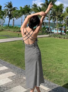 DAZY Striped Criss Cross Backless Cami Dress - Black and White - View 5
