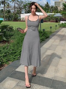 DAZY Striped Criss Cross Backless Cami Dress - Black and White - View 6