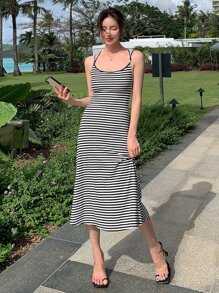 DAZY Striped Criss Cross Backless Cami Dress - Black and White - View 7