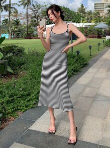 DAZY Striped Criss Cross Backless Cami Dress - Black and White - View 8