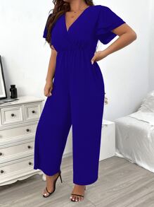 SHEIN Clasi Plus Solid Surplice Neck Butterfly Sleeve Wide Leg Jumpsuit - Royal Blue - View 1