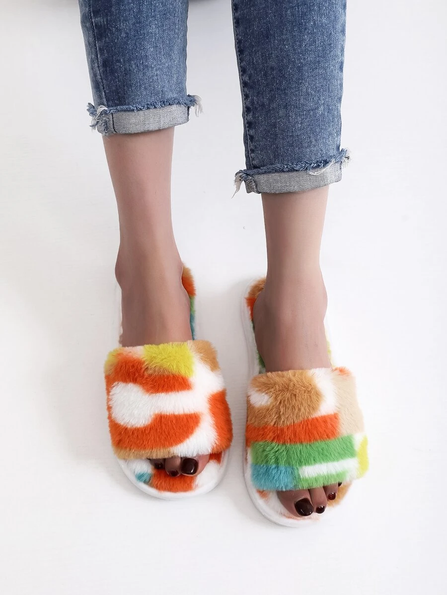 女性撞色毛茸茸時尚室內家居拖鞋