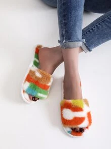 女性撞色毛茸茸時尚室內家居拖鞋