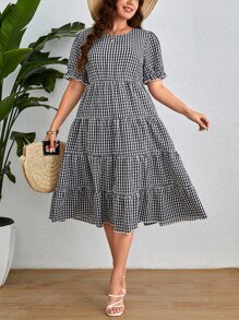 SHEIN Clasi Vestido con estampado de guingán de manga farol bajo con fruncido - Multicolor - Ver 4