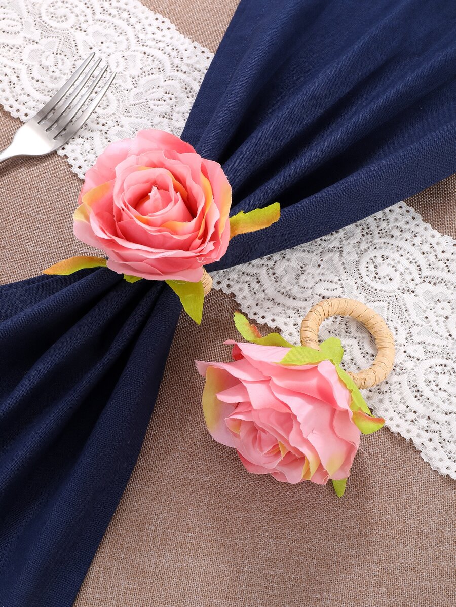 2pcs Romantic Pink Rose Napkin Rings, Suitable For Home, Kitchen, Restaurant, Hotel, Farmhouse, Event, Meeting, Wedding, Party, Celebration, Table Decoration, Valentine'S Day, And Romantic Date - Watermelon Pink - View 1