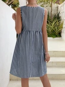 SHEIN Maternity Striped Print Button Front Smock Dress - Blue and White - View 2