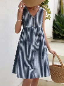 SHEIN Maternity Striped Print Button Front Smock Dress - Blue and White - View 3