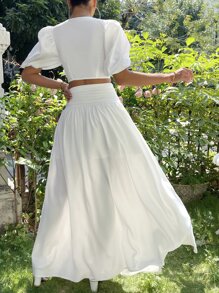 SHEIN Privé 泡泡袖前打結短款上衣和高衩半身裙 - 白色 - 查看 2