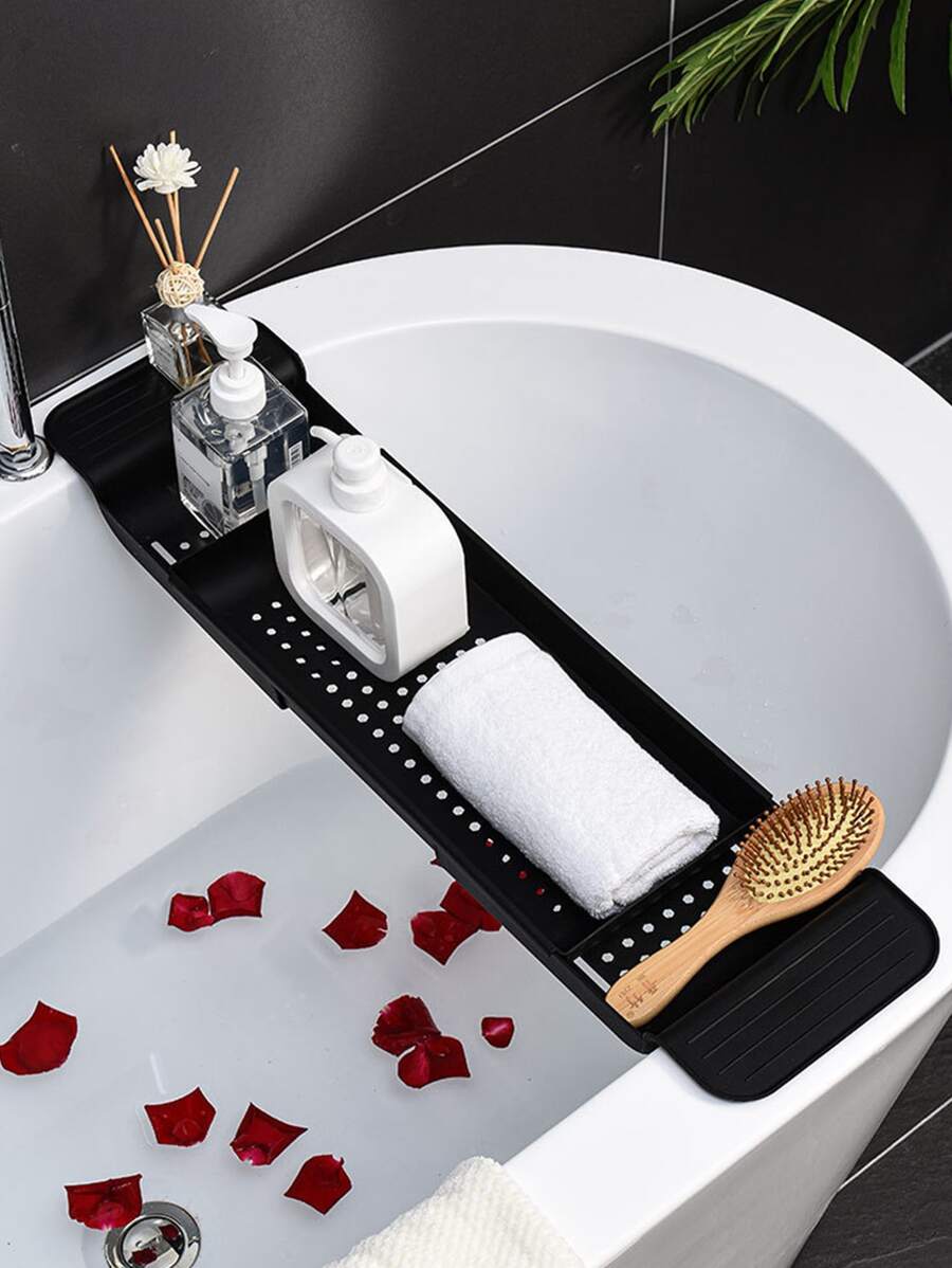 1pc Plastic Bathtub Tray, Minimalist Black Retractable Bathtub Rack For Bathroom - Black - View 1