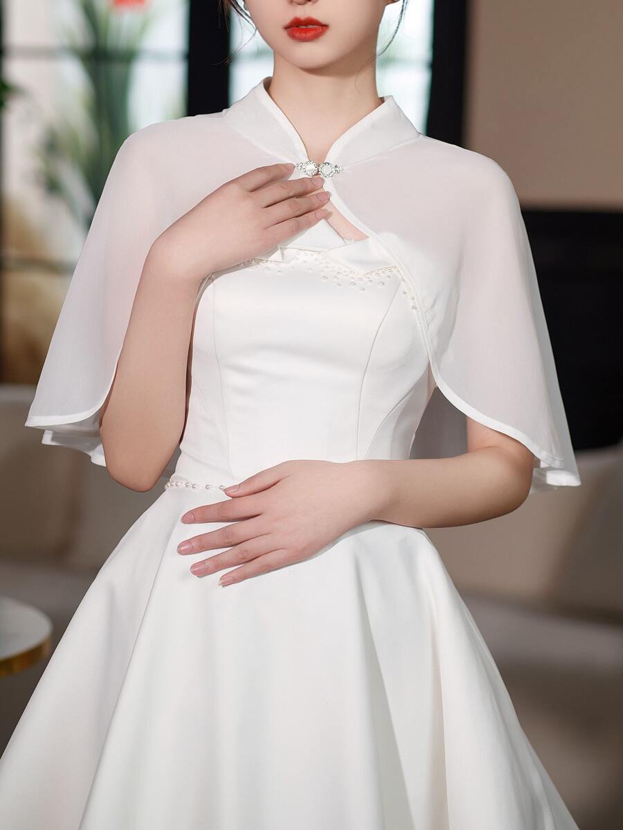 1 capa de chal de gasa blanca para mujer, primavera y otoño, multiusos para vestido de novia, vestido de fiesta, con ribete de cuentas - Blanco - Ver 1